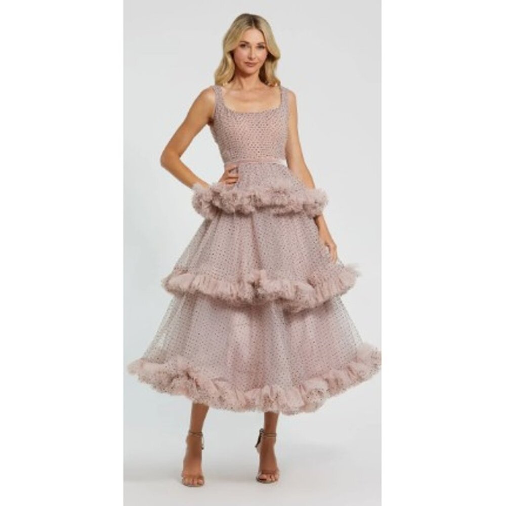 Pink Sleeveless Dot Net Ruffle Dress